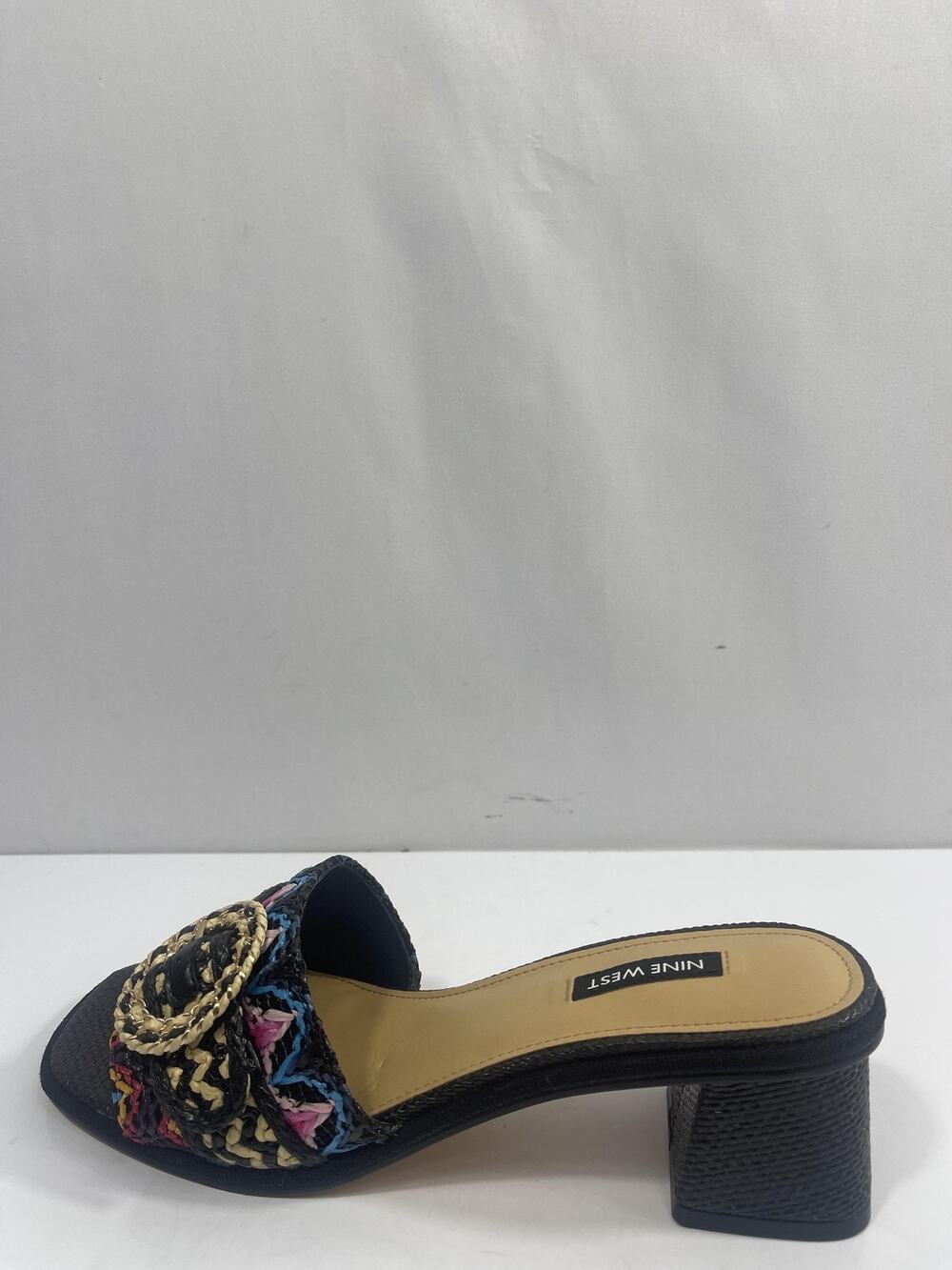 Nine West Ending2 Shoes Womens Size 8 Black Block Heel Slide Boho Sandals Box